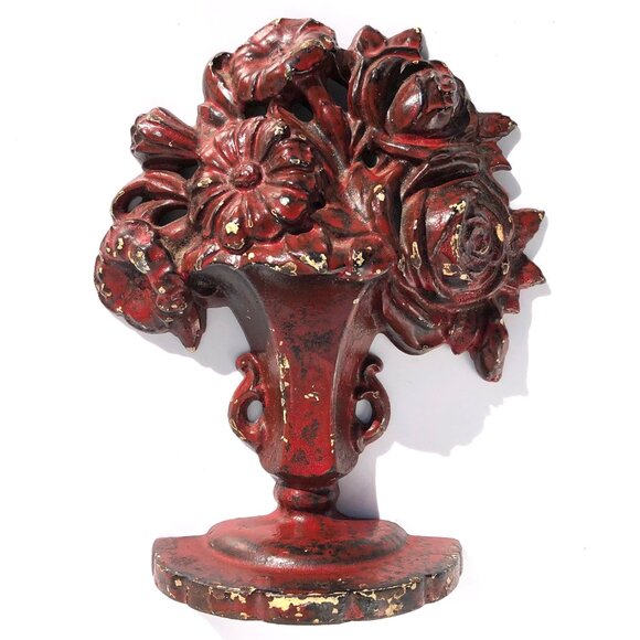 Cast Iron Door Stop Flower Urn Vase Vintage Hubley #162 Florals Bookend painted - Picture 6 of 13